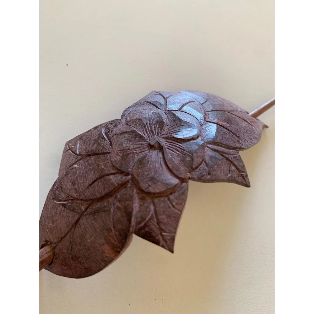 VTG Hand Carved Coconut Flower Leaf Hair Slide Barrette Stick Pin Boho Accessory